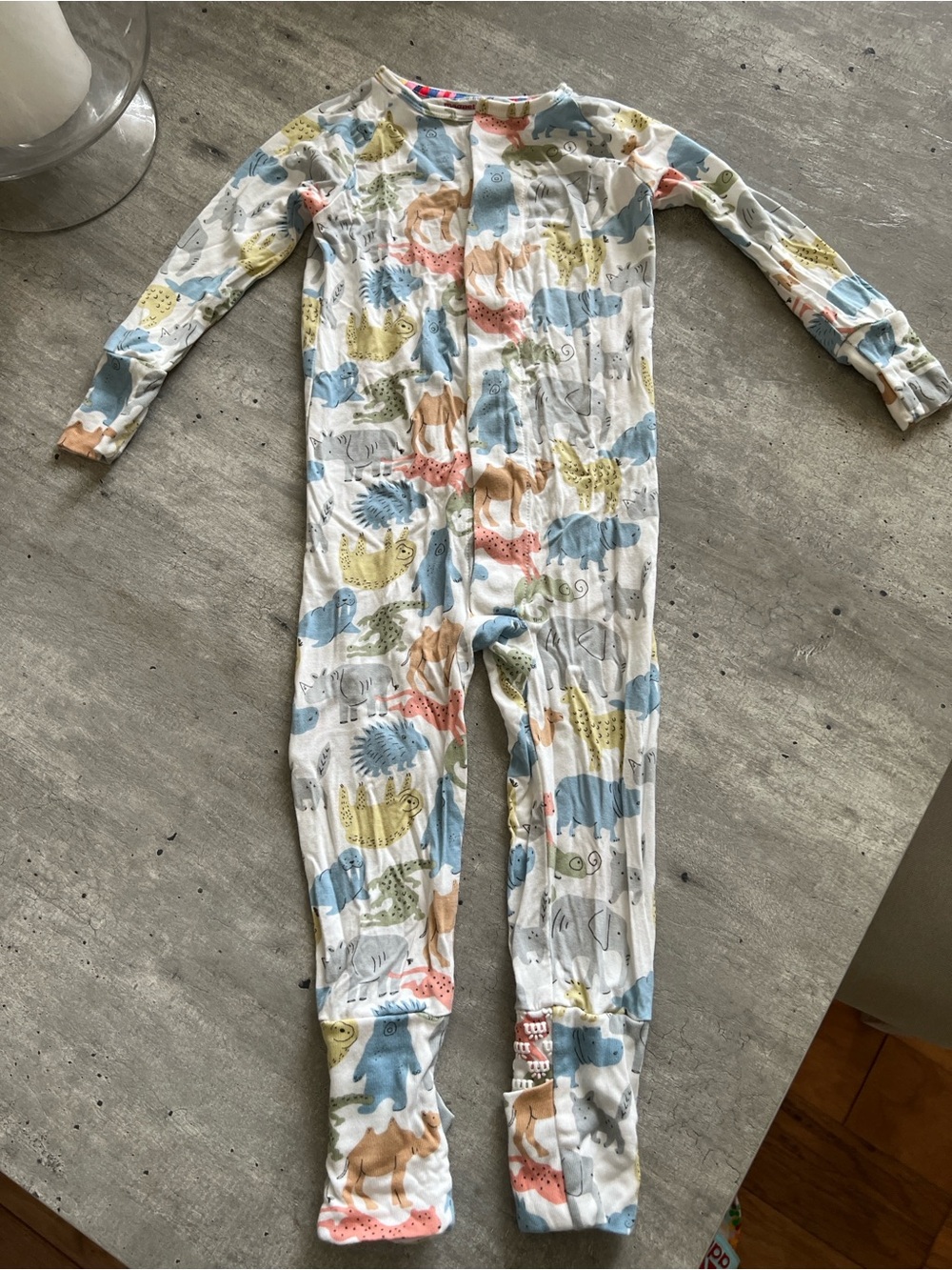 Magnetic Me White Footie Pajamas with Blue, Green, Tan & Pink Animal Prints